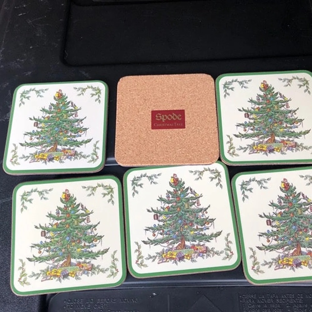 Vtg Set of 6 Spode Christmas Tree Square Cork back Coasters Original Box